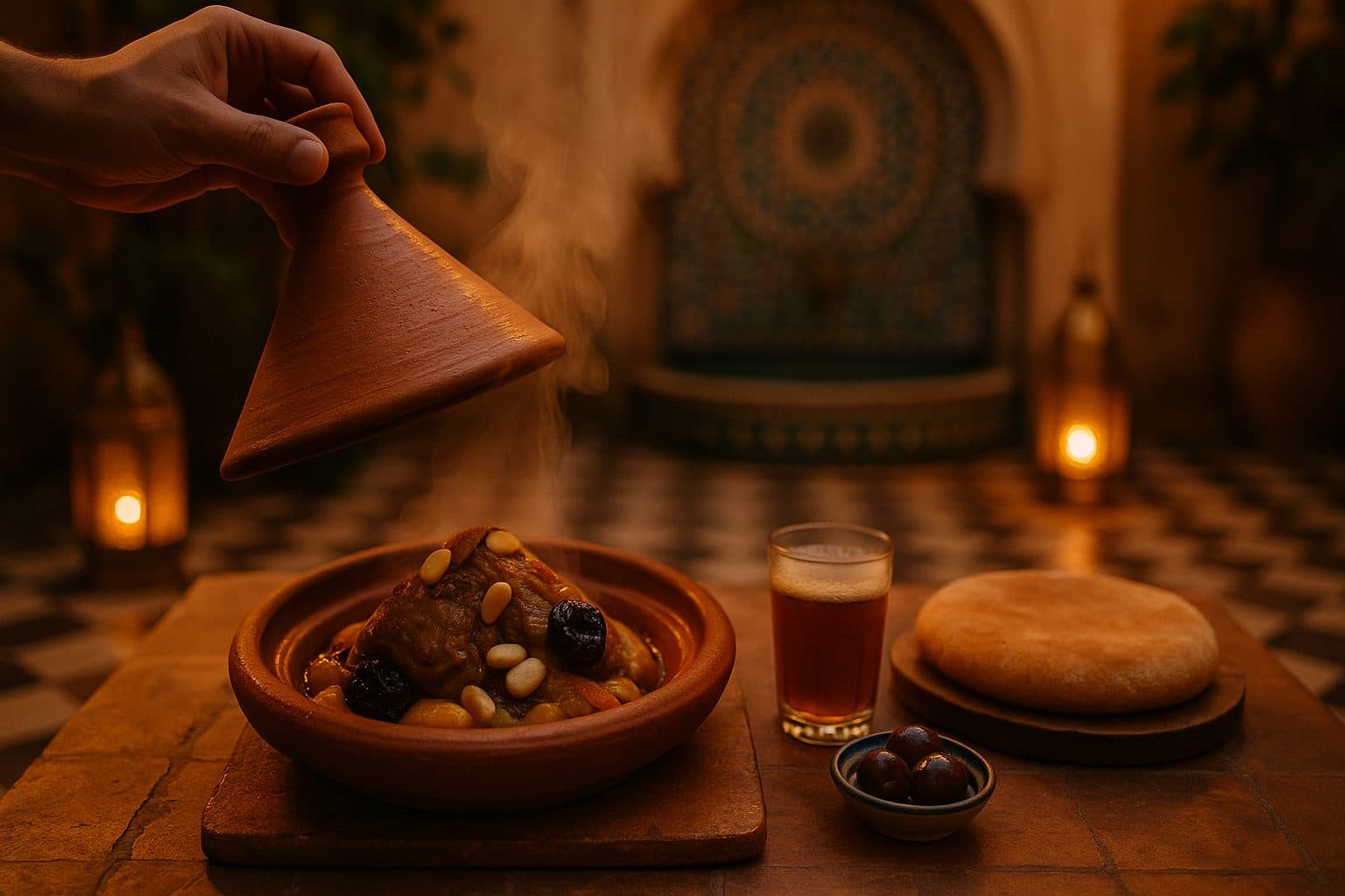 moroccan food - traditional Moroccan tagine being served in a riad courtyard at dusk with mint tea, khobz bread, and olives