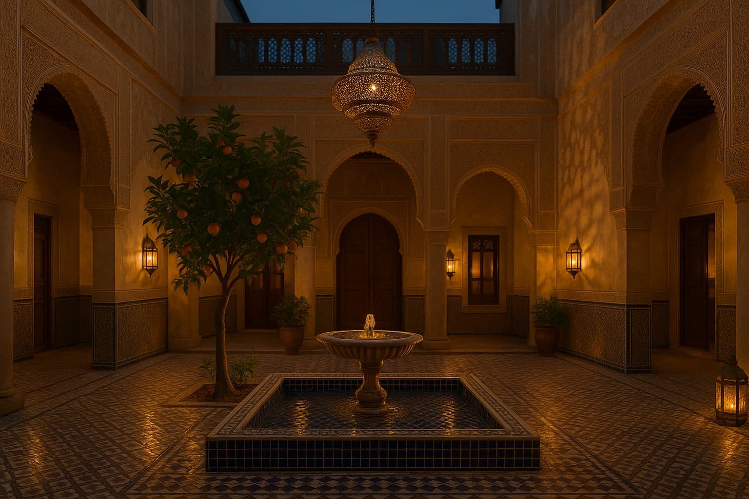 where to stay in morocco - traditional Moroccan riad interior courtyard with zellige fountain, orange tree, and hanging brass lantern at dusk