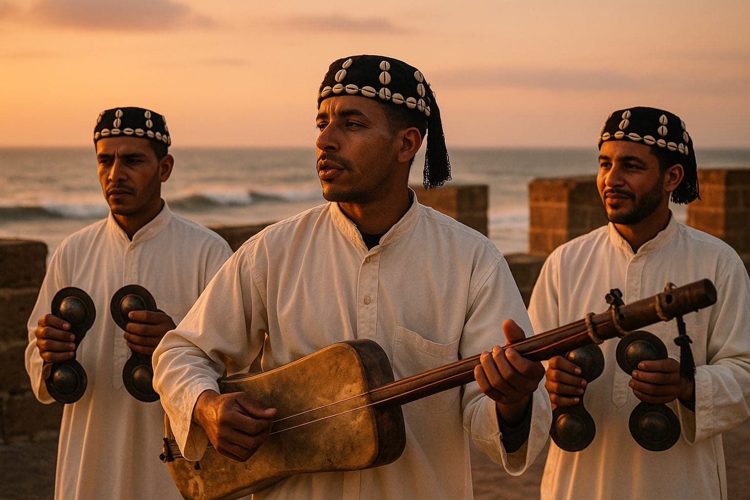 moroccan music - three Gnawa musicians in white kaftans playing guembri and qraqeb on Essaouira ramparts at sunset