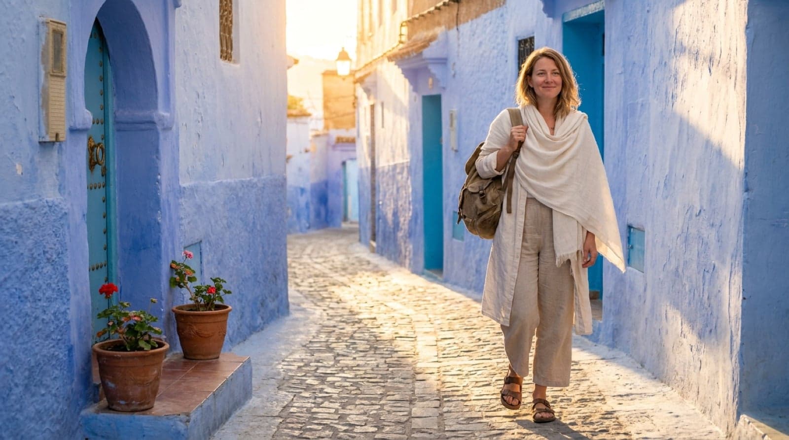 Solo female traveler in modest linen outfit walking through Chefchaouen's blue medina at golden hour