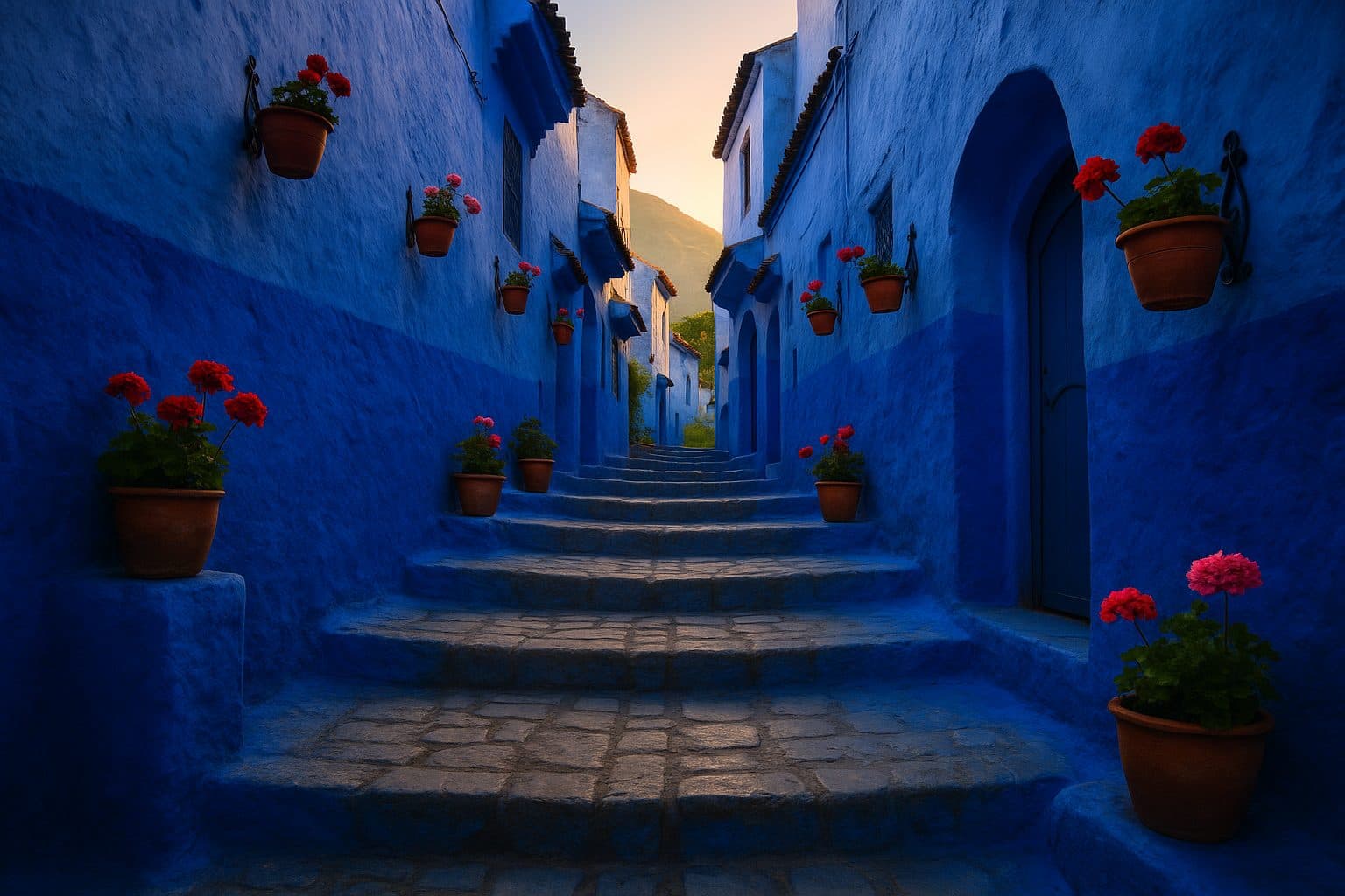 is chefchaouen worth visiting - empty blue alley with stone stairs and geraniums at early morning