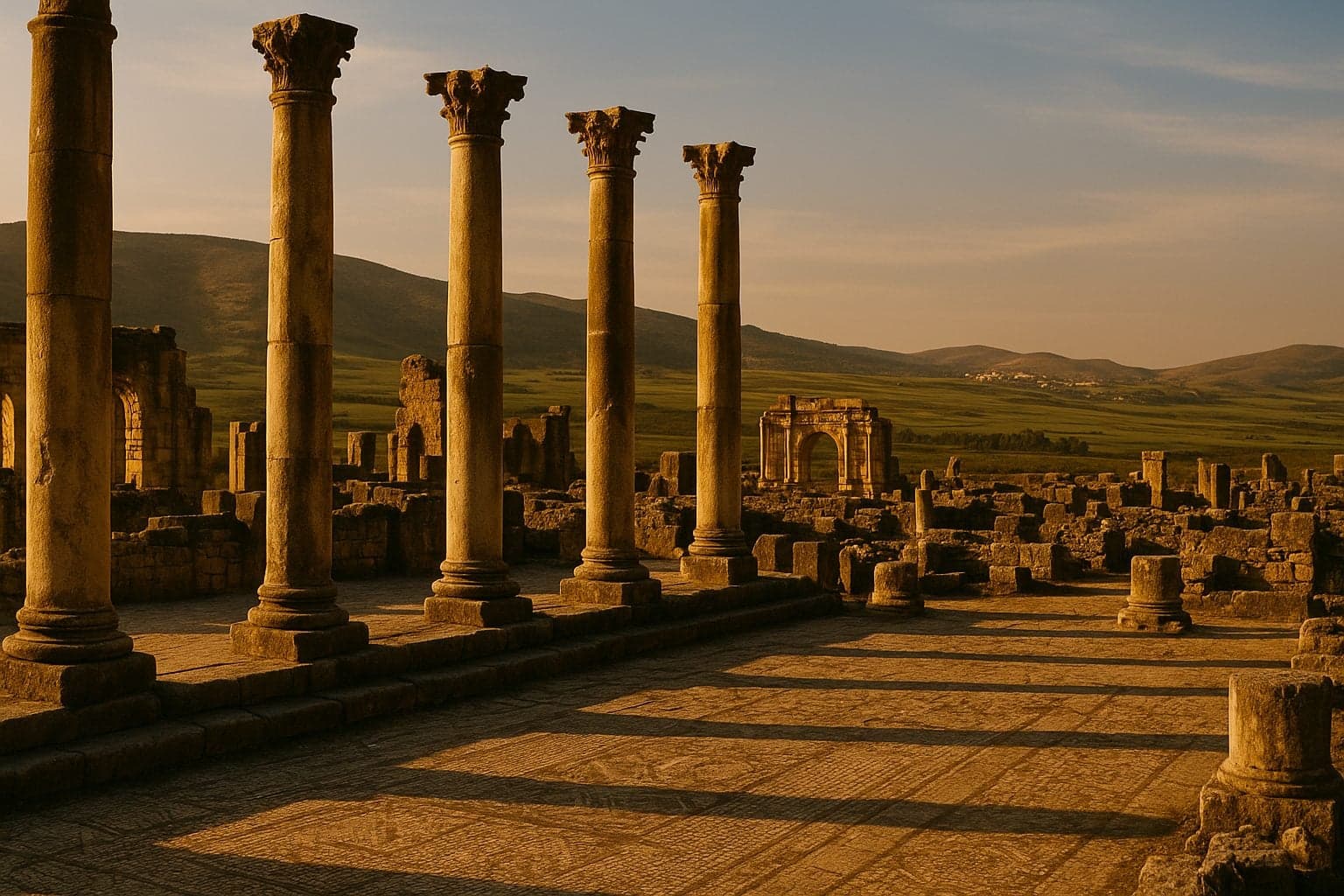 14 day morocco itinerary - Volubilis Roman ruins with basilica pillars and mosaic floor in golden hour light
