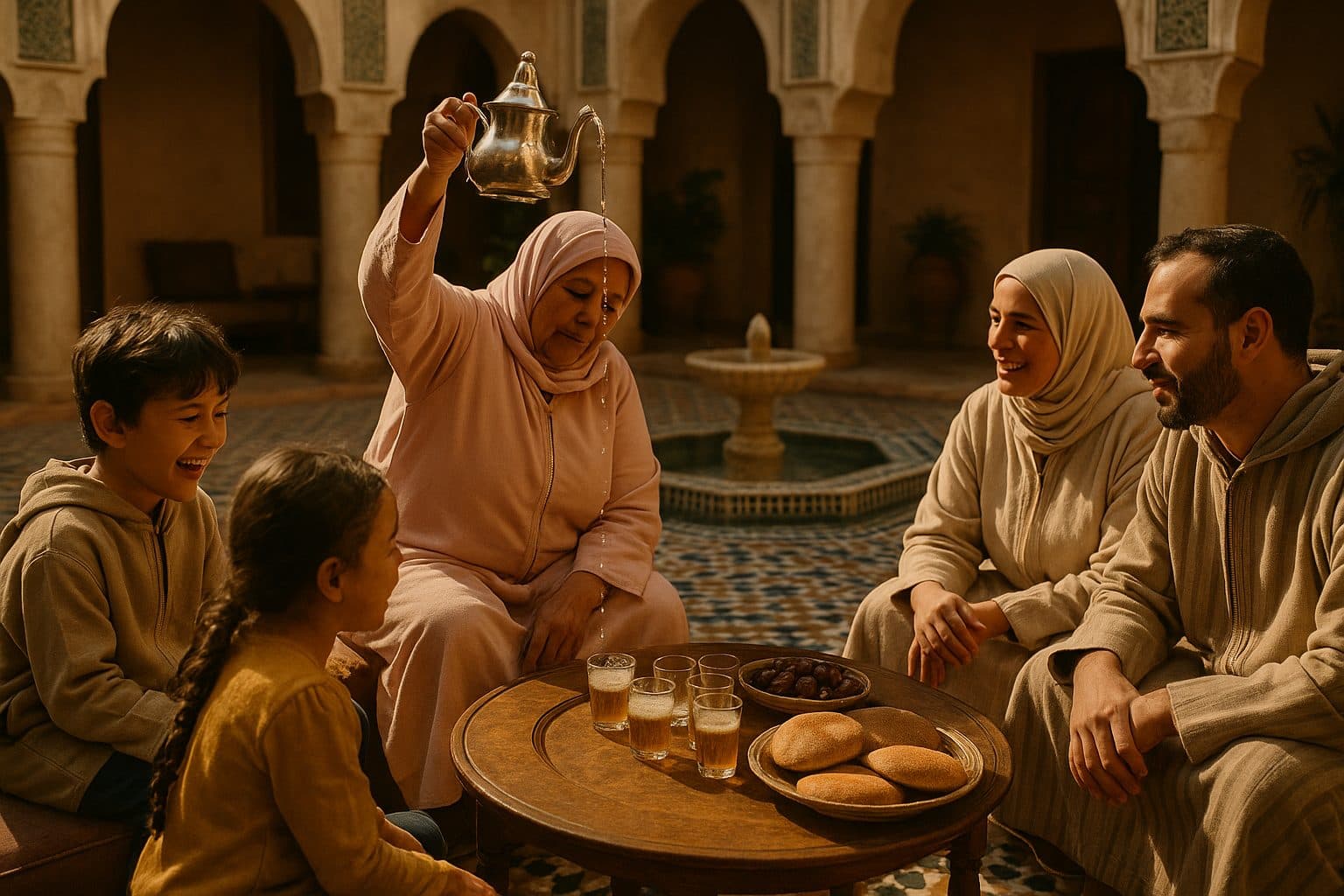 moroccan culture - multi-generational Moroccan family sharing mint tea in a riad courtyard with zellige tile floor