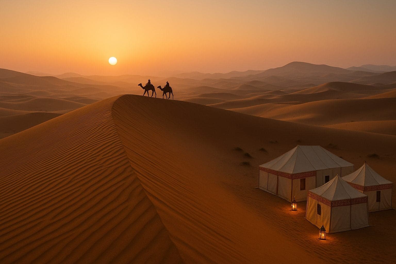 marrakech sahara desert tour - Erg Chebbi sand dunes at sunrise with camel caravan and luxury Berber bivouac camp
