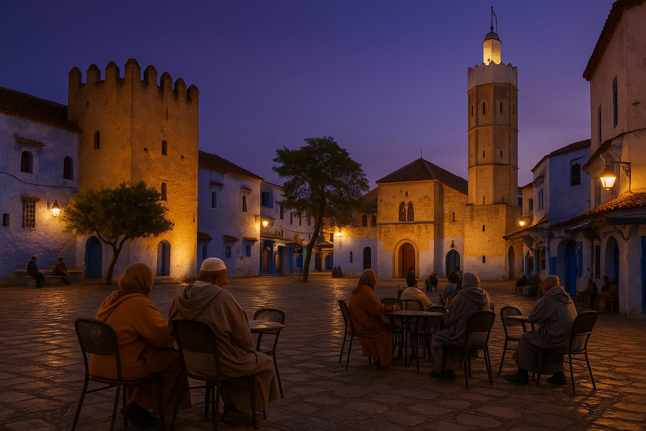 is chefchaouen worth visiting - Plaza Uta el-Hammam with Kasbah at twilight