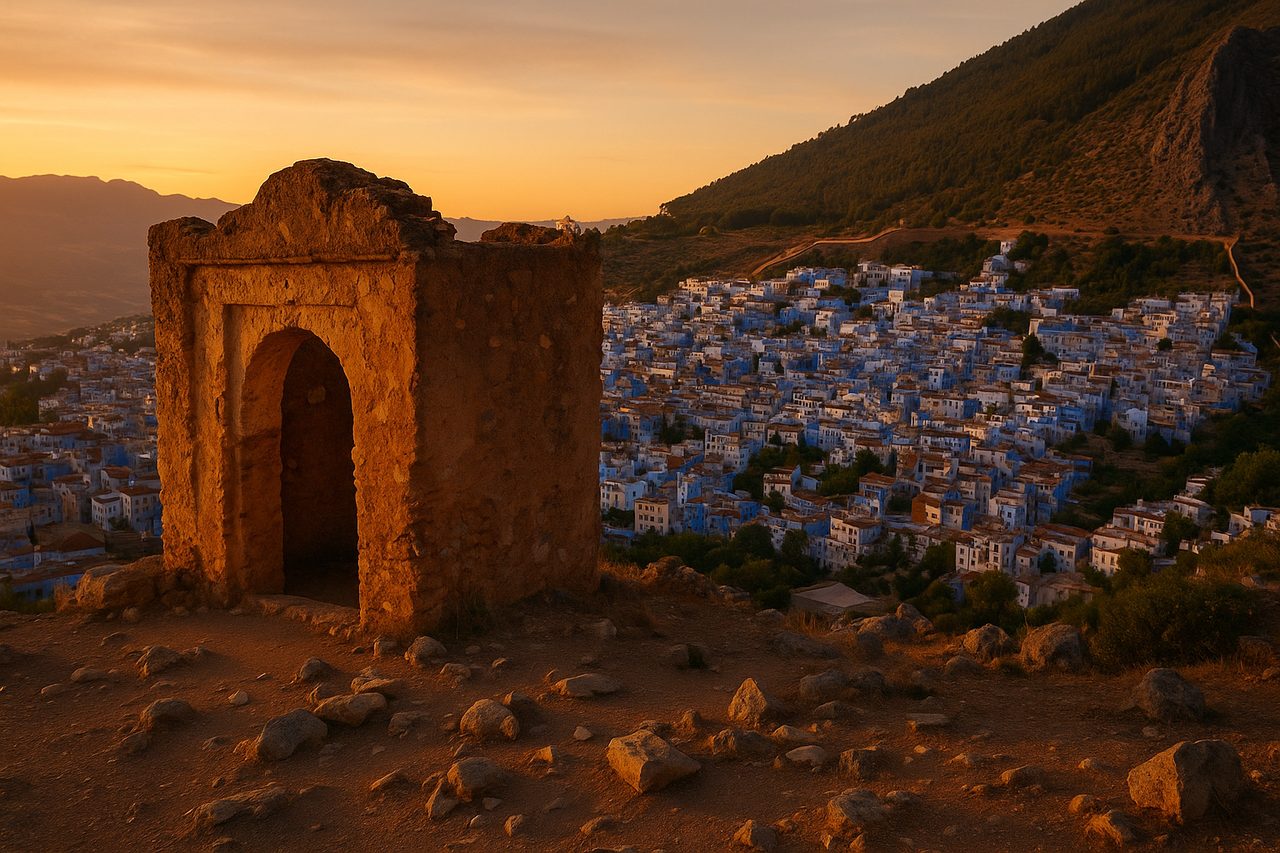 is chefchaouen worth visiting - Spanish Mosque hilltop viewpoint over the blue medina at sunset