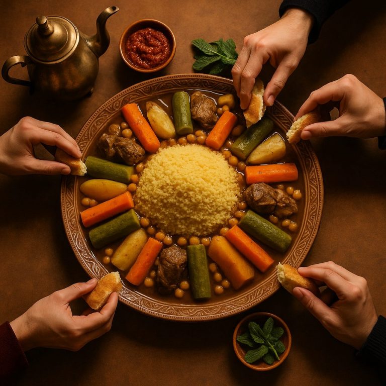 moroccan food - communal couscous platter with semolina, vegetables, meat, and hands reaching to share