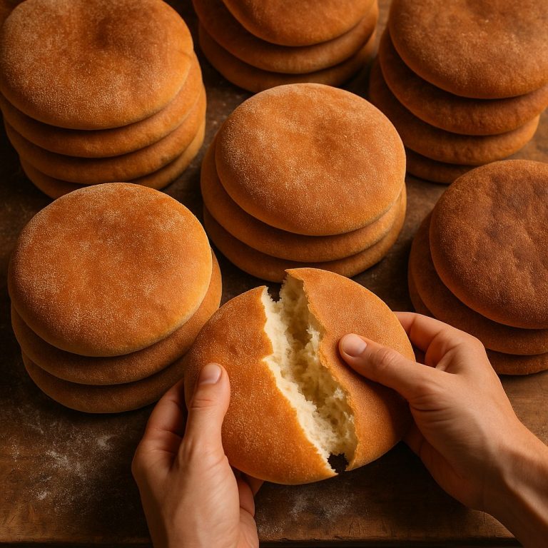moroccan food - stacks of round flat Moroccan khobz bread loaves with a hand tearing one open