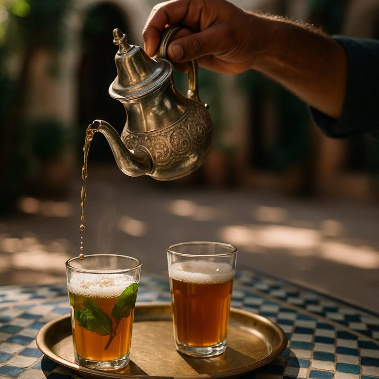 moroccan food - mint tea being poured from a silver Moroccan teapot held high above small glasses on a brass tray