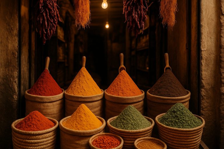 moroccan food - colorful spices in conical mounds at a Moroccan souk stall: paprika, turmeric, cumin, ras el hanout