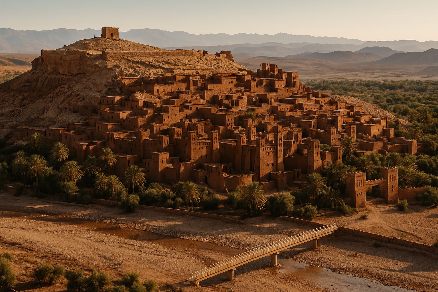 10 day morocco itinerary - Aït Benhaddou aerial view with Atlas Mountains backdrop and palm groves