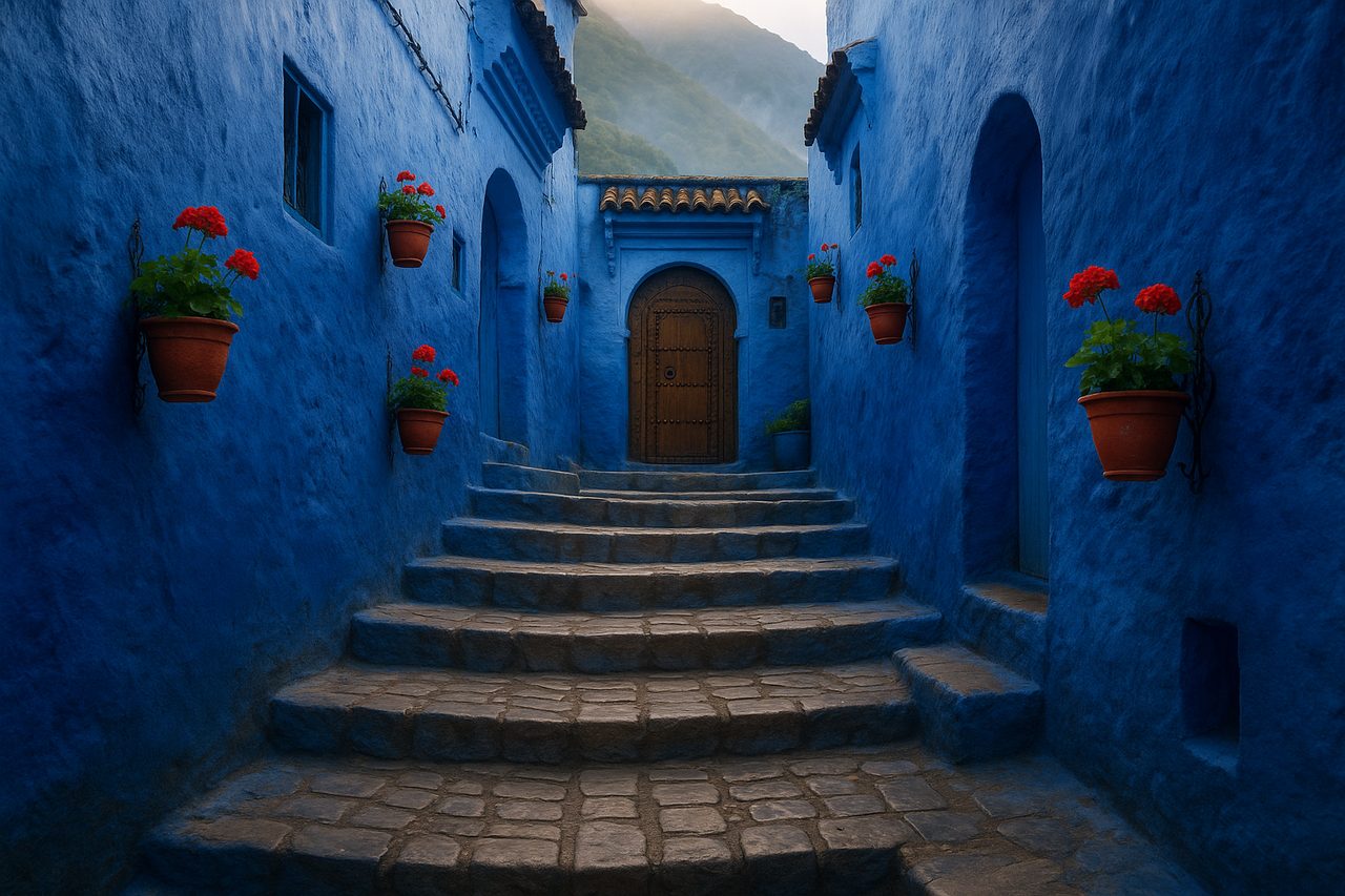 10 day morocco itinerary - Chefchaouen blue alley with stone stairs and geraniums