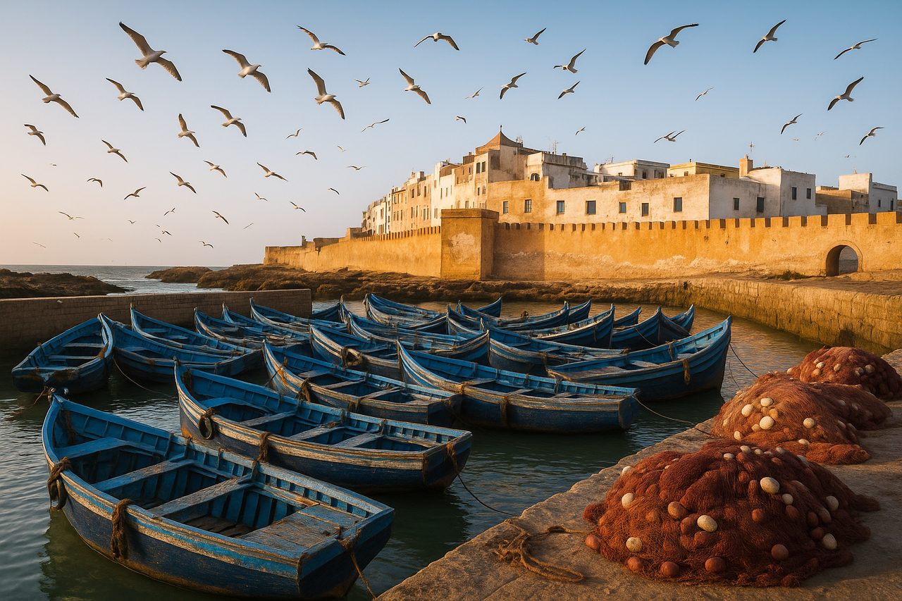 14 day morocco itinerary - Essaouira UNESCO medina port with blue fishing boats and Atlantic ramparts