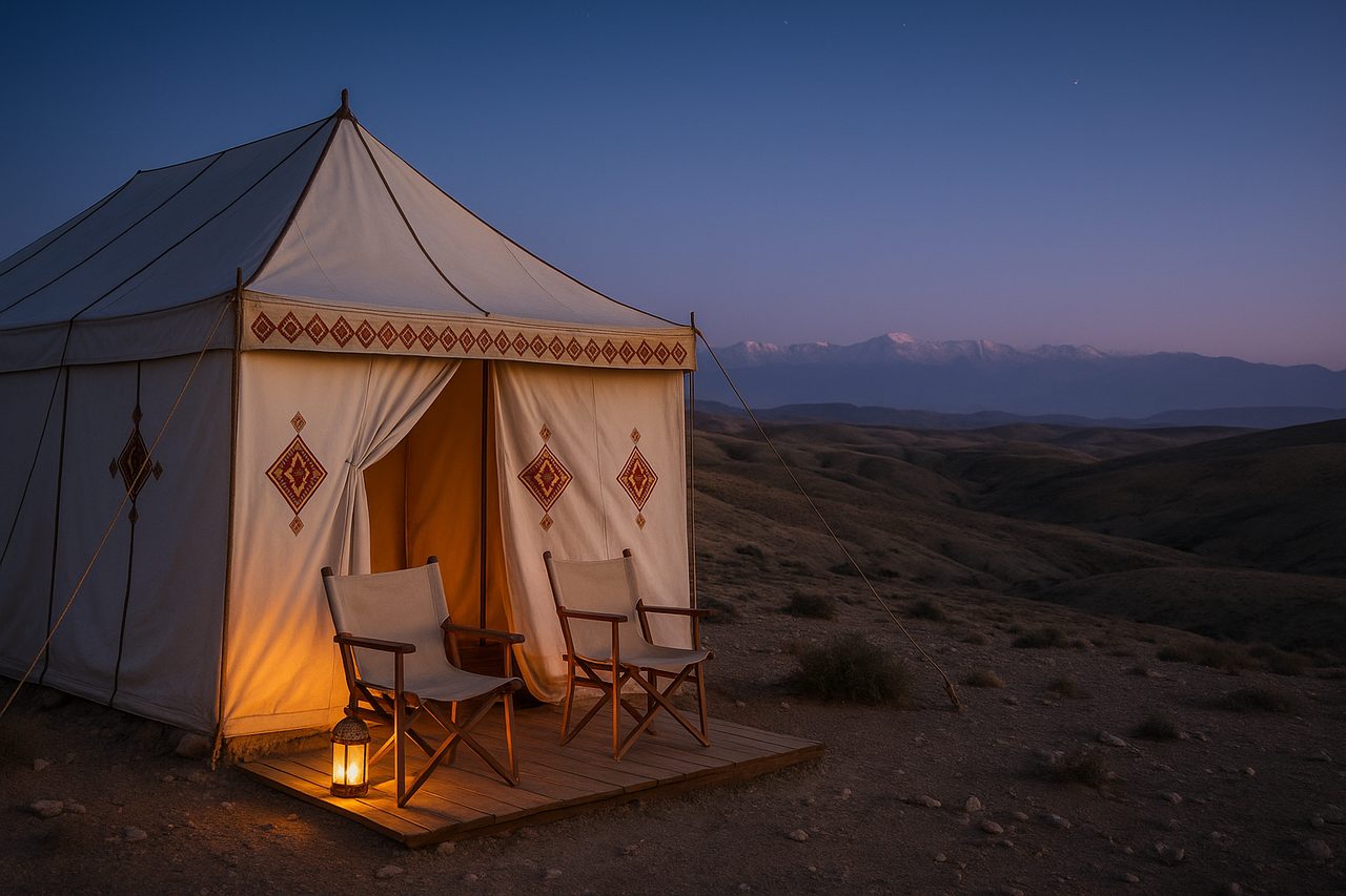 5 day morocco itinerary - Agafay Desert luxury camp tent with Atlas Mountains backdrop at twilight