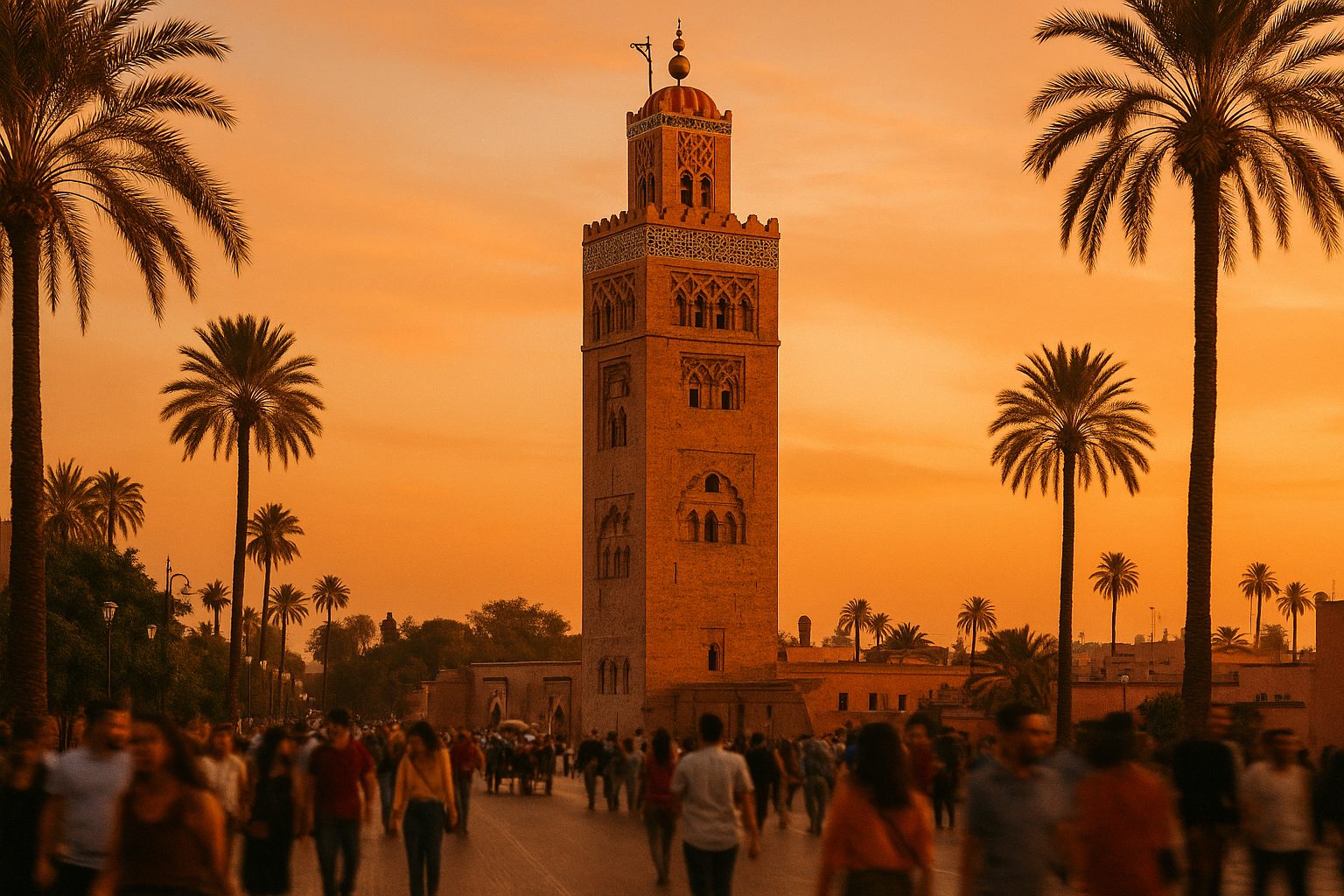 5 day morocco itinerary - Koutoubia Mosque minaret in Marrakech at golden hour sunset