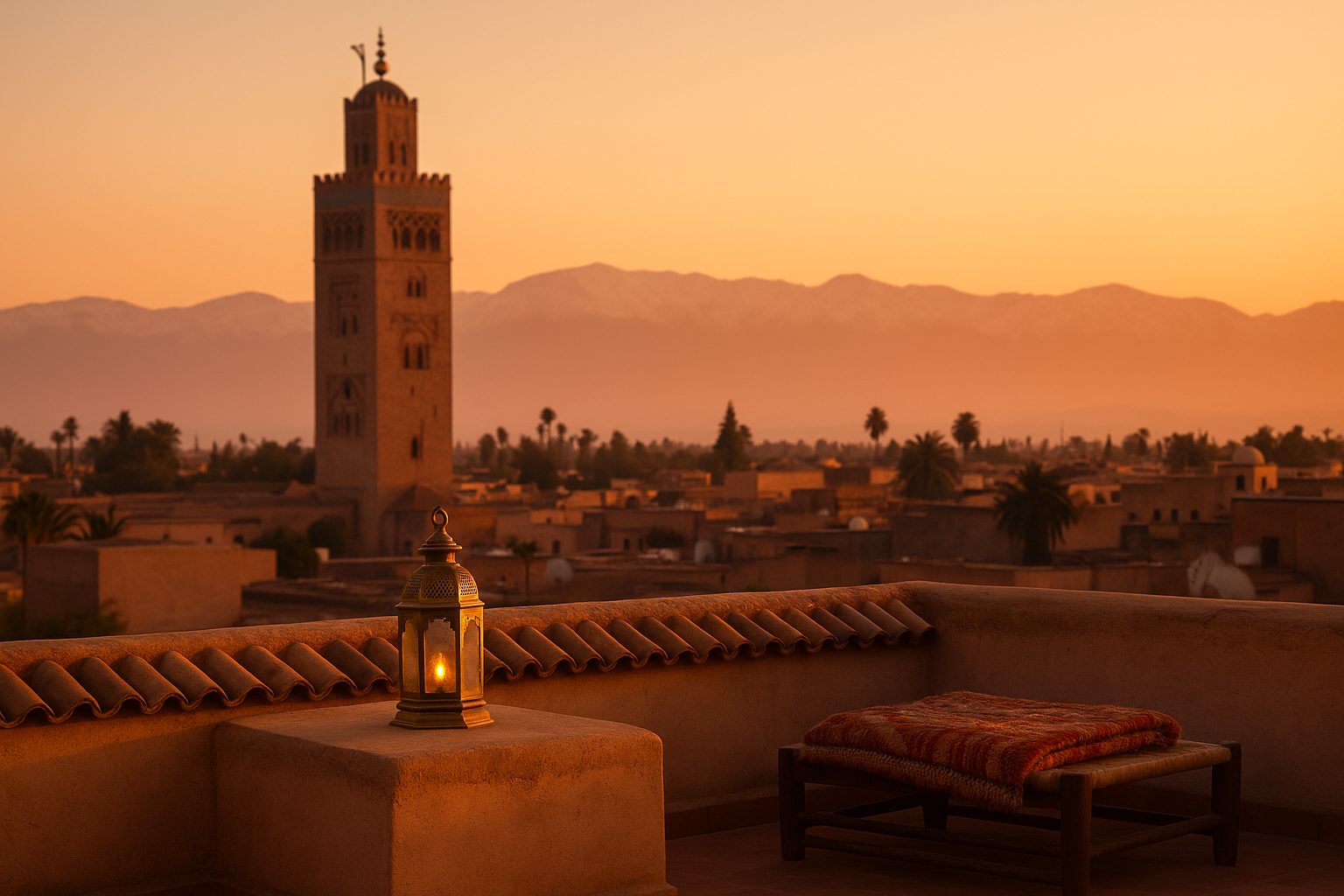 7 day morocco itinerary - Marrakech rooftop terrace at golden hour with Koutoubia minaret and Atlas Mountains in distance