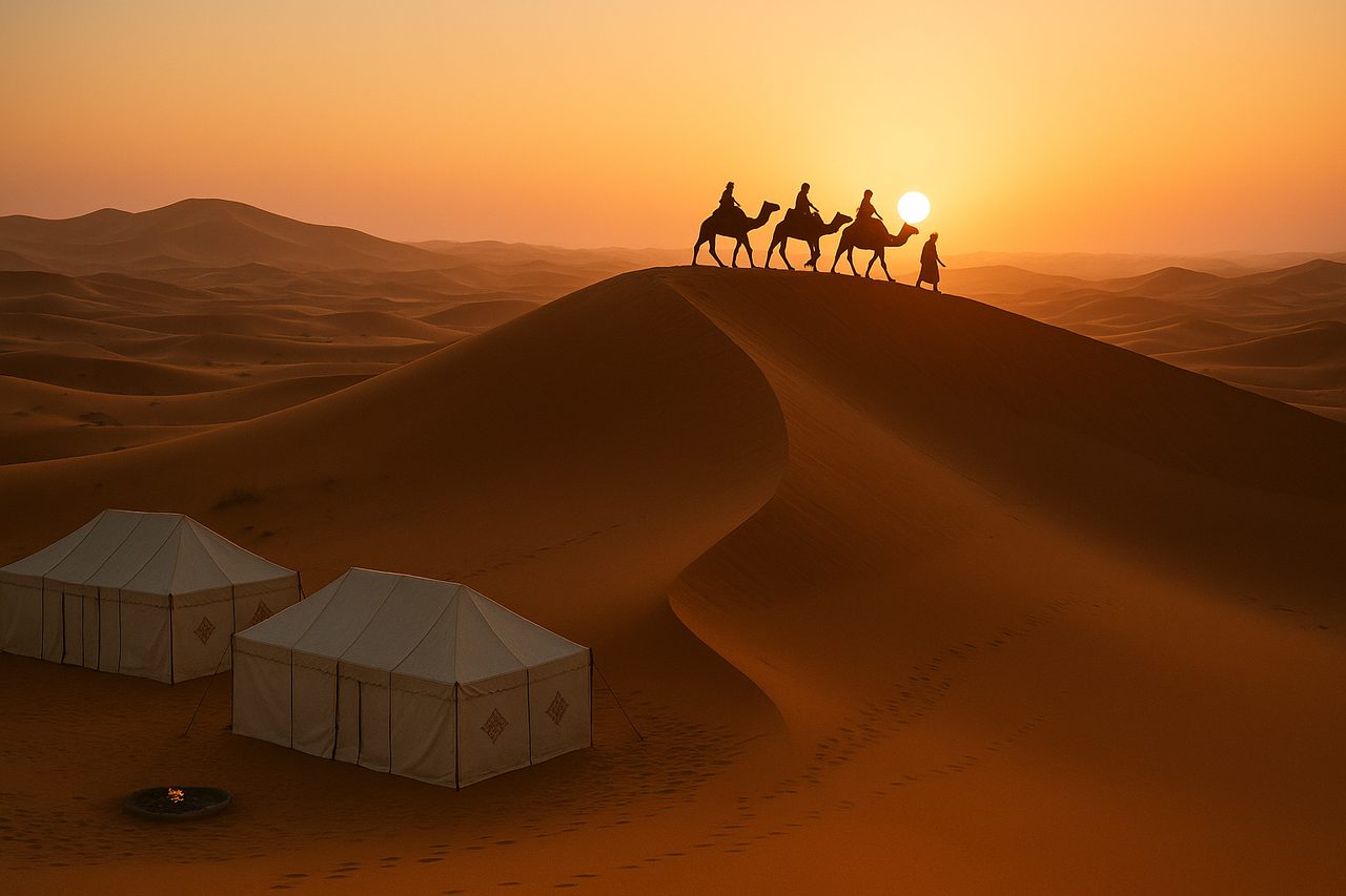 7 day morocco itinerary - Erg Chebbi Sahara dunes at sunrise with camel caravan and luxury bivouac camp