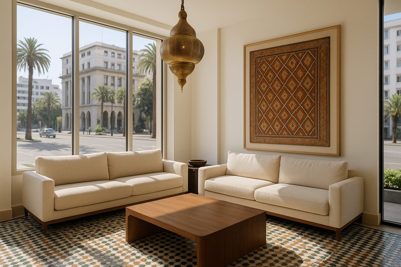 where to stay in morocco - modern Casablanca boutique hotel lobby with Moroccan zellige tile and contemporary design