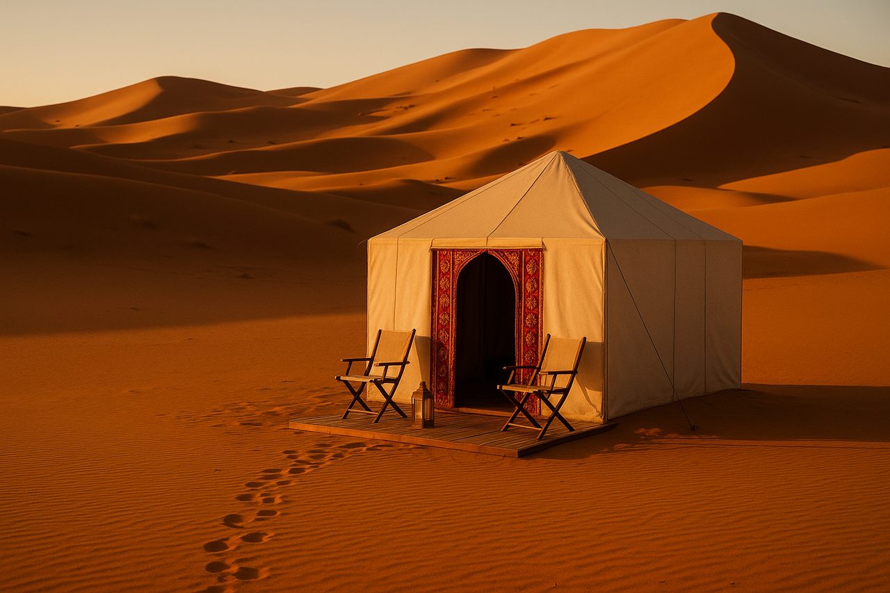 where to stay in morocco - luxury desert camp tent in Merzouga at golden hour with Erg Chebbi sand dunes backdrop