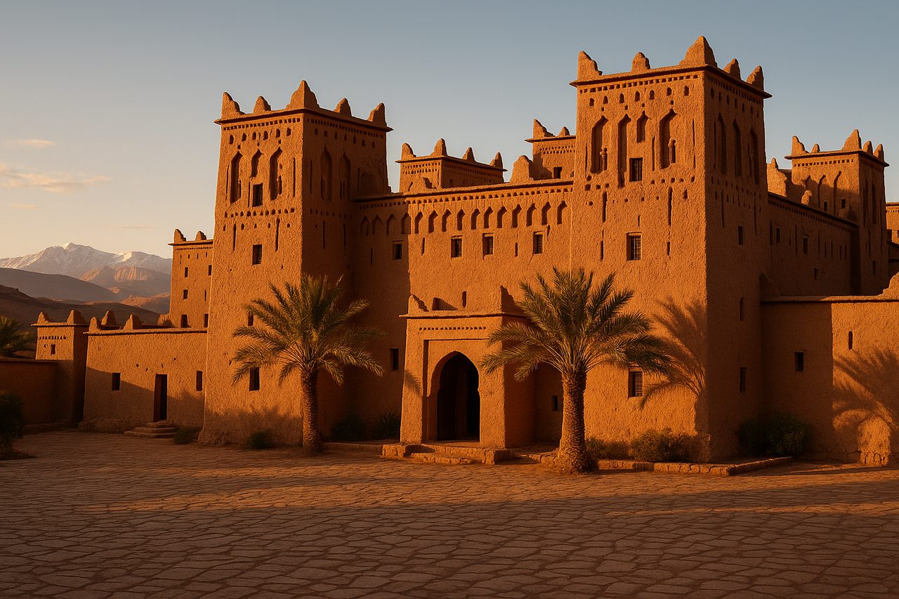 where to stay in morocco - luxury restored kasbah hotel exterior with earthen red walls and Atlas Mountains backdrop