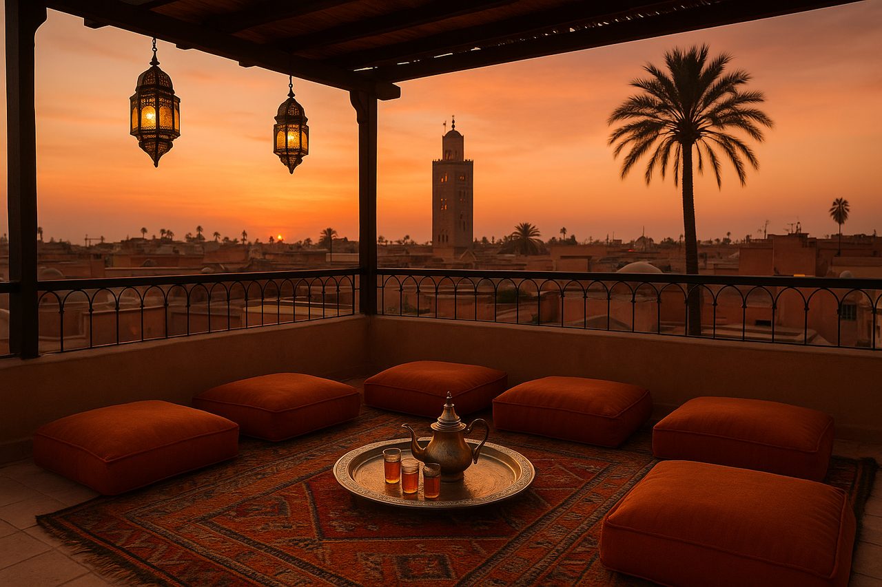 where to stay in morocco - Marrakech riad rooftop terrace at sunset with mint tea and Koutoubia minaret in distance