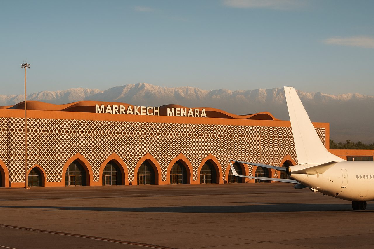 casablanca airport - Marrakech Menara Airport (RAK) terminal with Atlas Mountains backdrop and aircraft on tarmac