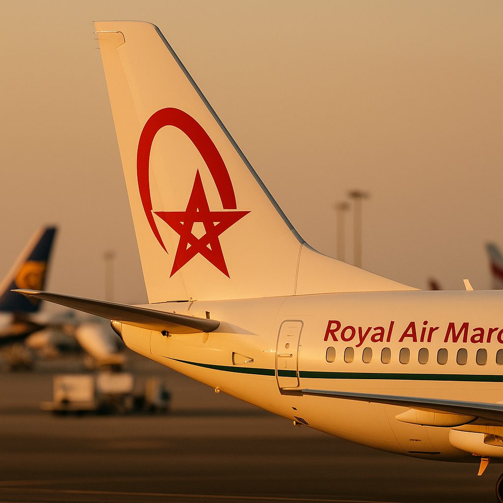casablanca airport - Royal Air Maroc Boeing tail with distinctive red star logo on tarmac at golden hour