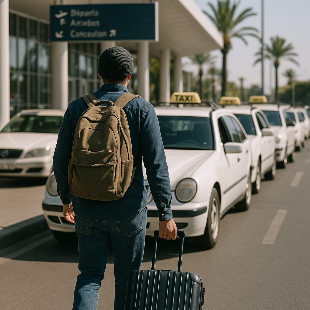 casablanca airport - traveler with rolling suitcase walking towards official taxi rank outside Morocco airport arrivals