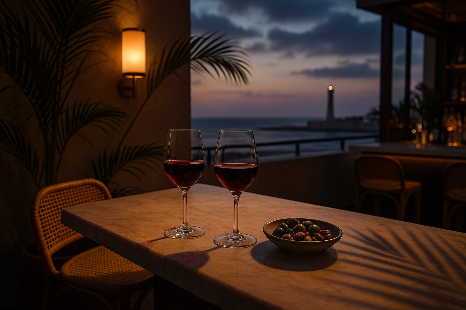 alcohol in morocco - Casablanca hotel rooftop bar at twilight with two glasses of Moroccan wine and Atlantic Ocean view