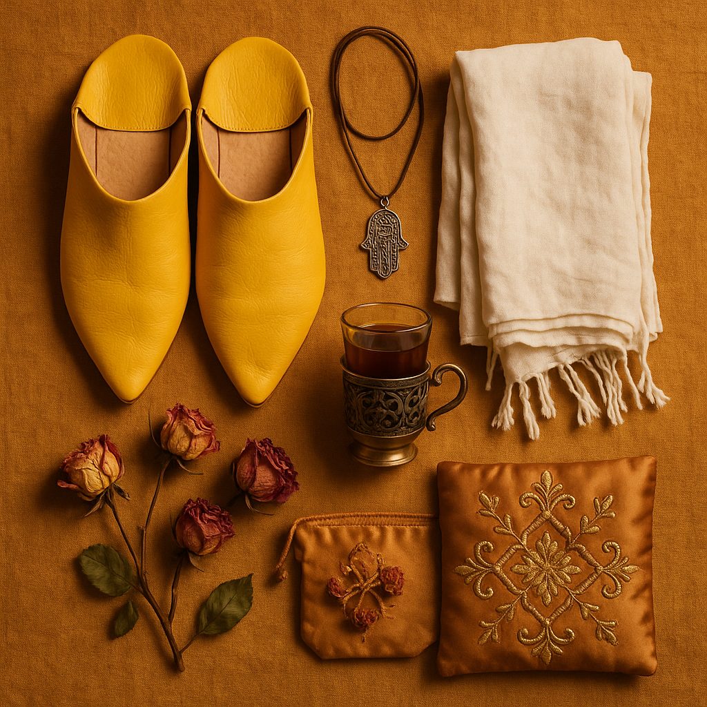 traditional moroccan clothing - yellow leather babouche slippers, Hand of Fatima pendant, embroidered pouch flat-lay