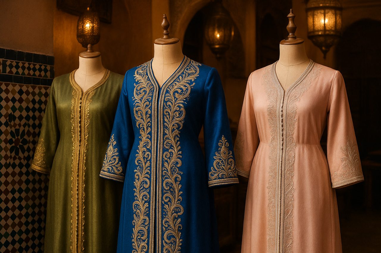 traditional moroccan clothing - embroidered caftans and takchitas displayed on mannequins in Marrakech tailor shop