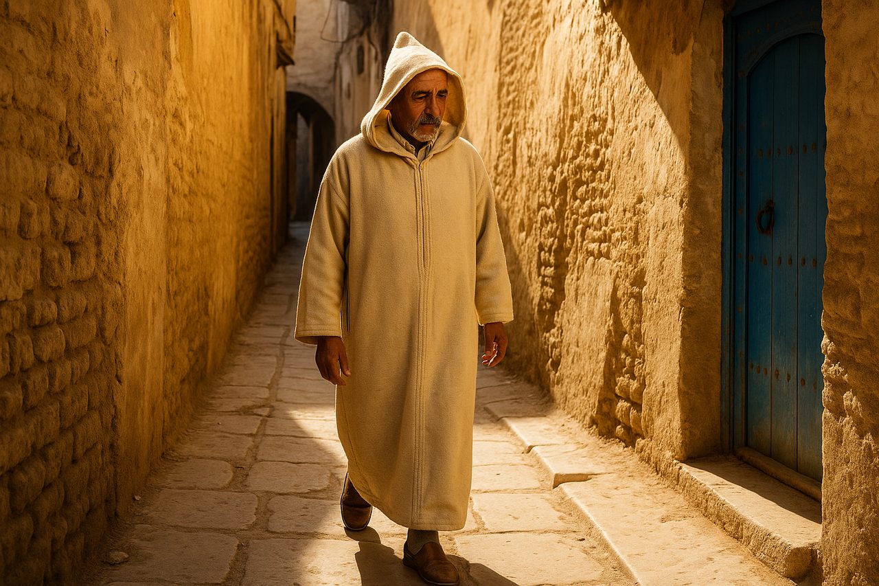 traditional moroccan clothing - Moroccan man wearing white wool djellaba walking through Fes medina