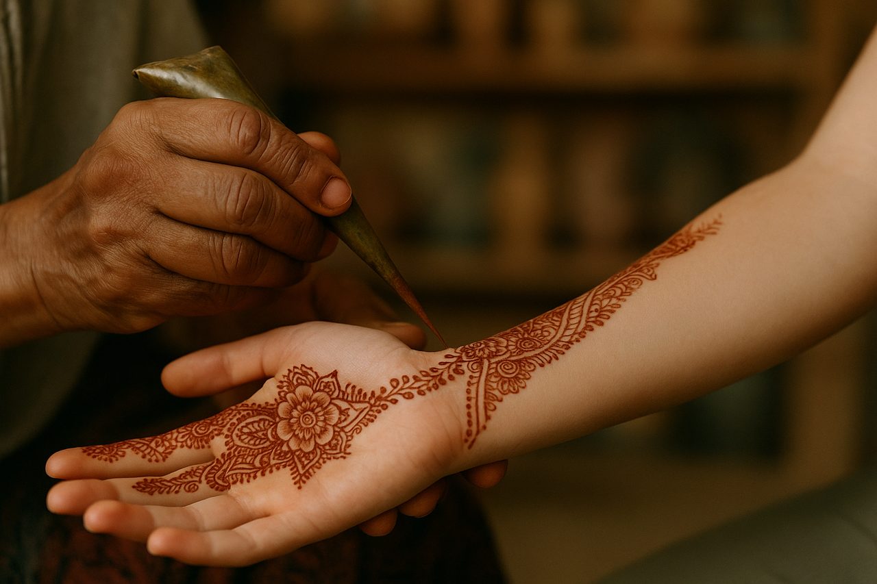 traditional moroccan clothing - artisan applying natural reddish-brown henna patterns to woman customer hand
