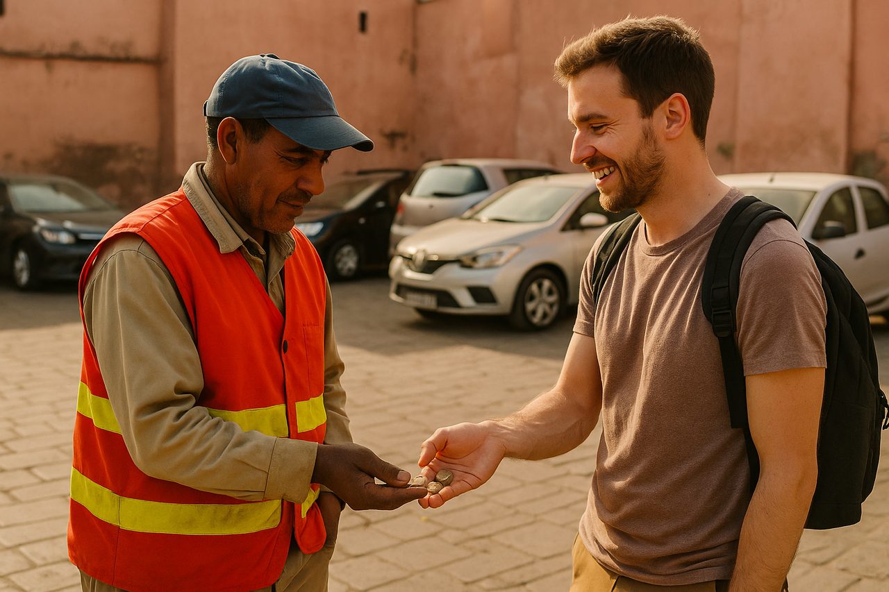 driving in morocco - parking guardian in reflective vest collecting coins from tourist in Marrakech parking lot