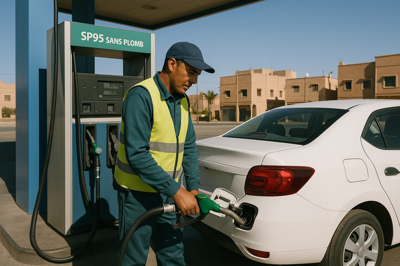driving in morocco - Moroccan petrol station attendant filling rental car at SP95 sans plomb unleaded pump