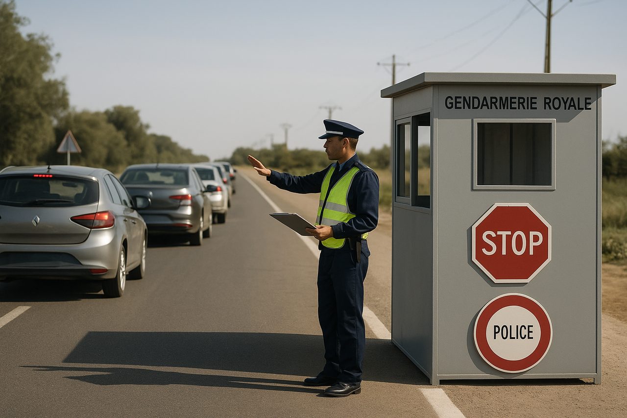driving in morocco - Gendarmerie Royale police checkpoint with officer and STOP POLICE signs