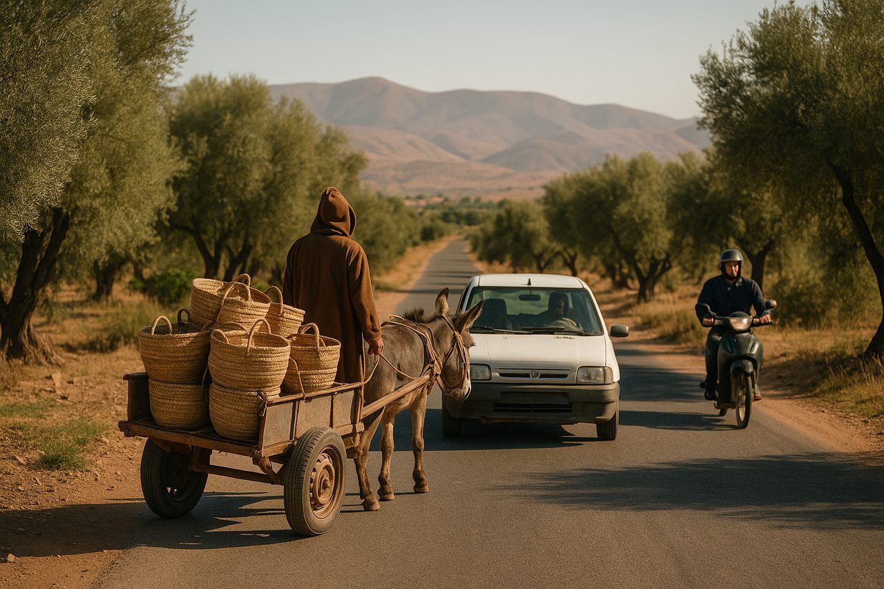driving in morocco - donkey cart, scooter, and car sharing rural Moroccan road among olive trees