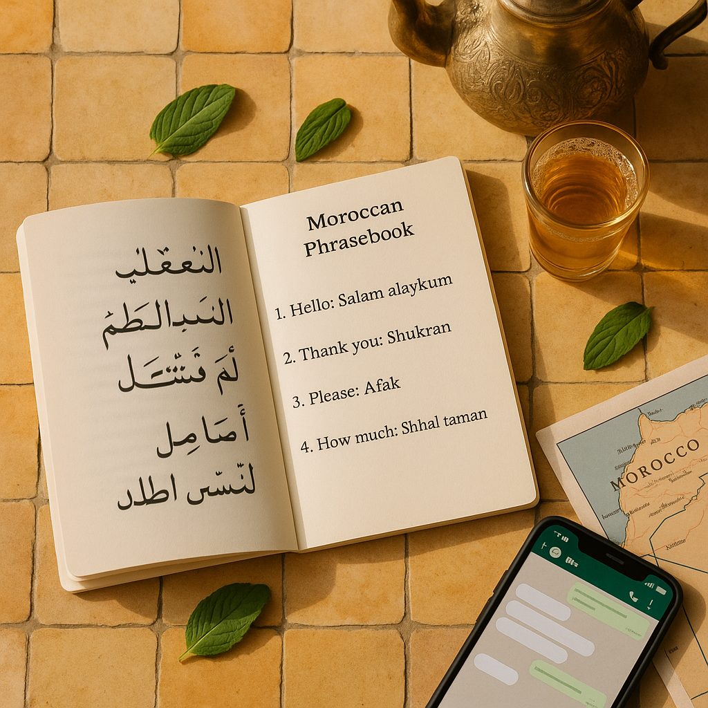 Flat-lay photograph of a Darija phrasebook with mint tea, a map of Morocco, and a smartphone showing WhatsApp — common tools for tourists learning the morocco language