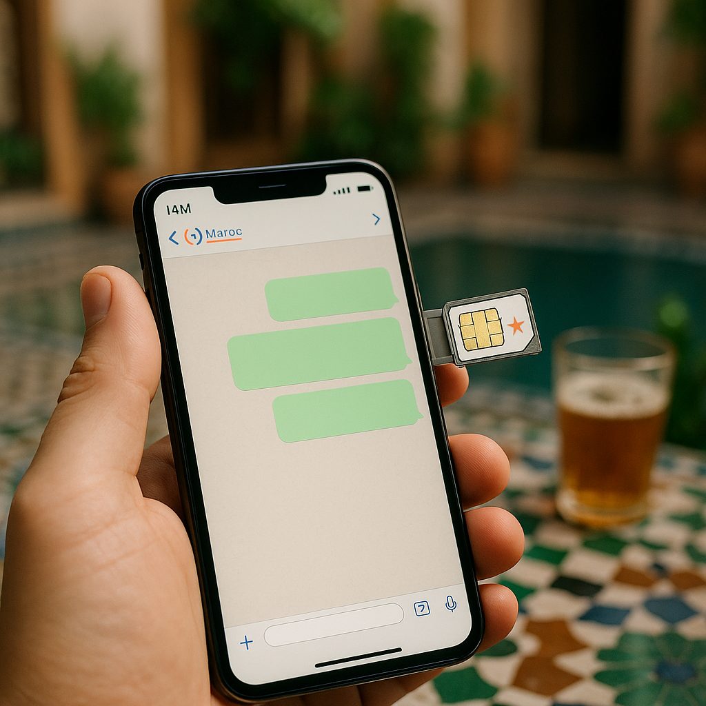 morocco language - hand holding phone with Maroc Telecom IAM signal and SIM card popping out, WhatsApp chat visible