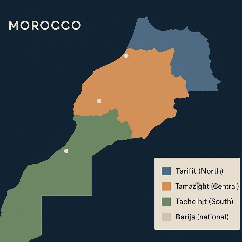 Map of Morocco showing the regional distribution of Tarifit (north), Tamazight (central Middle Atlas), Tachelhit (south), and Darija (national)