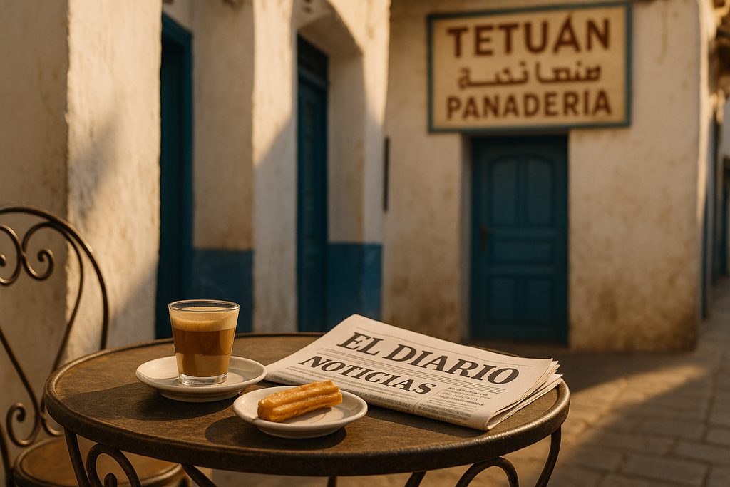 morocco language - Spanish-language café in Tetouan northern Morocco showing PANADERIA signage and El Diario newspaper
