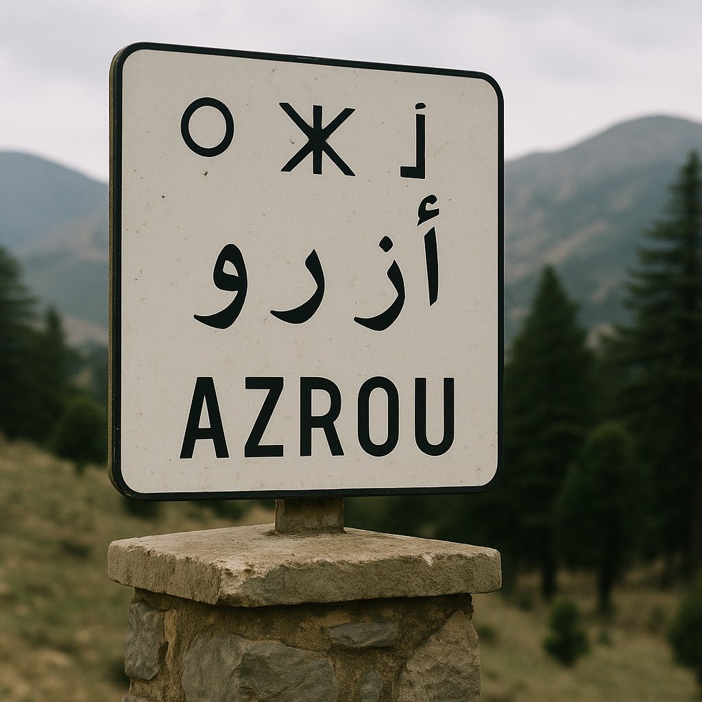 Trilingual road sign in the Middle Atlas mountains showing the town name Azrou in Tifinagh script, Arabic, and Latin transliteration