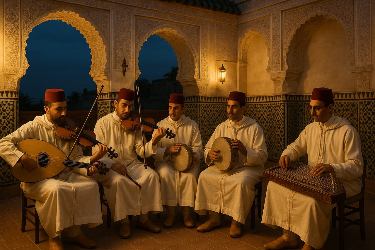 moroccan music - five-piece Andalusi classical orchestra performing on Fes riad terrace at twilight