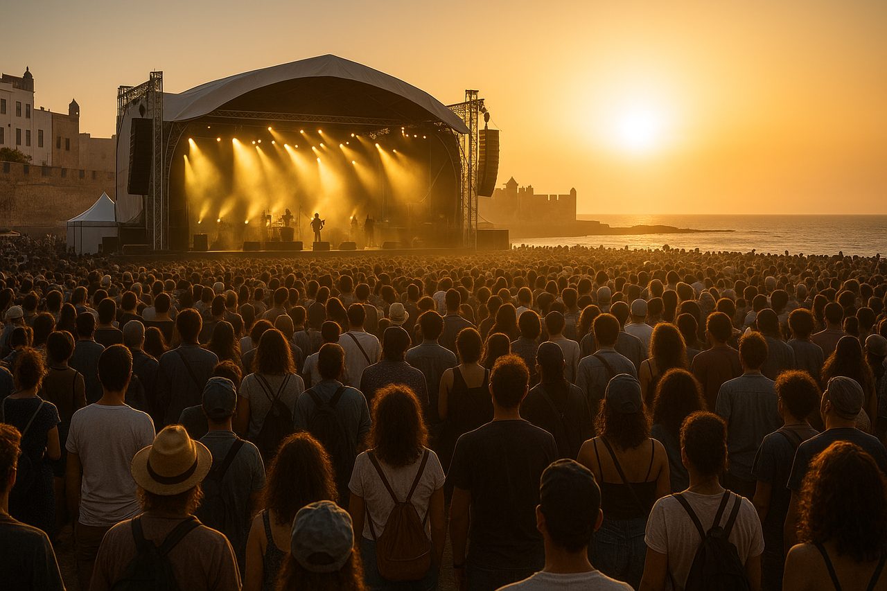 moroccan music - Gnaoua World Music Festival crowd at Essaouira at golden hour with Atlantic ocean and ramparts visible