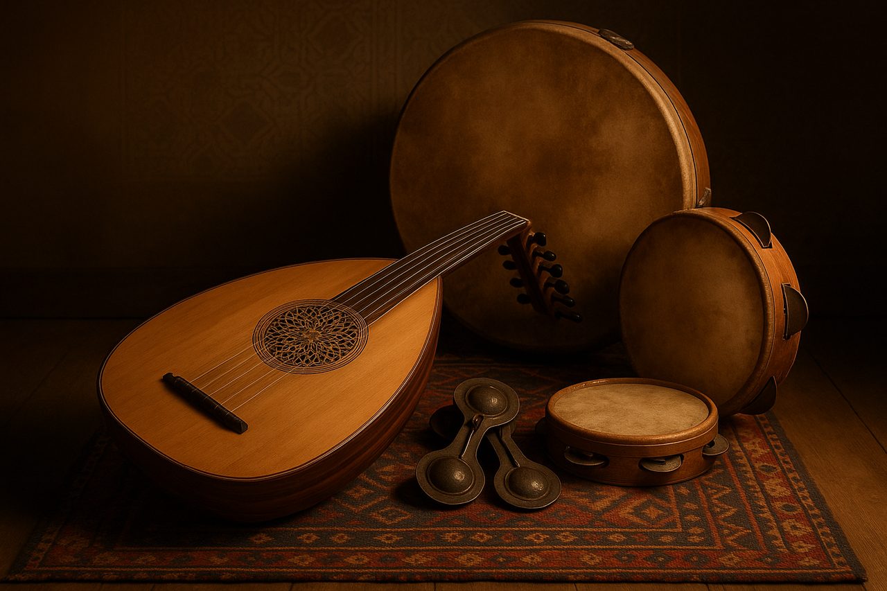 moroccan music - traditional Moroccan instruments oud bendir qraqeb tambourine arranged on Berber rug