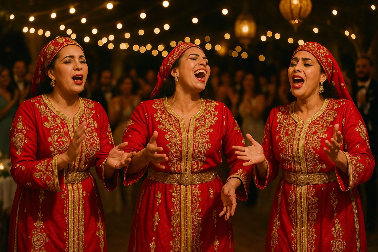 moroccan music - Shikat dancers in elaborate caftans performing energetically at a Moroccan wedding