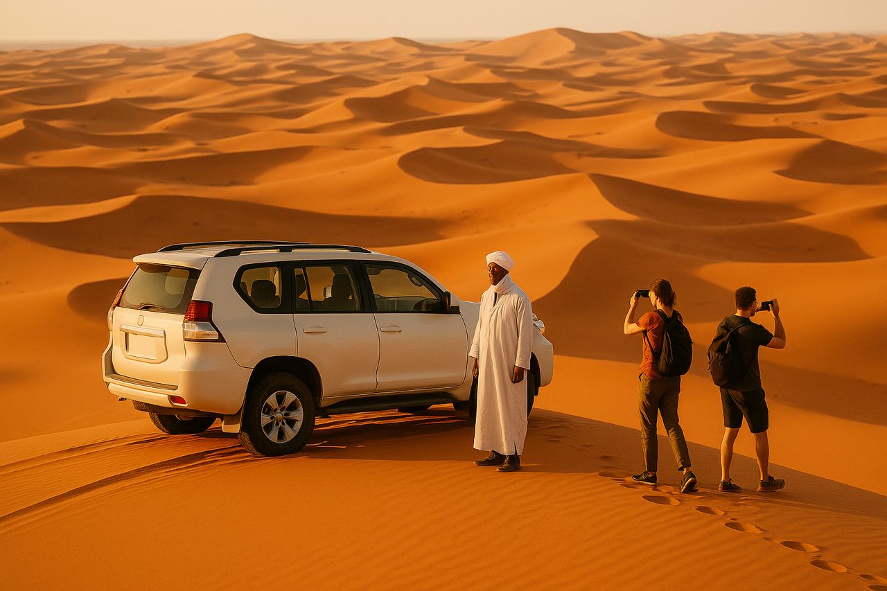 morocco private tours - private 4x4 vehicle stopped on Erg Chebbi sand dunes in Merzouga with Berber driver and travelers