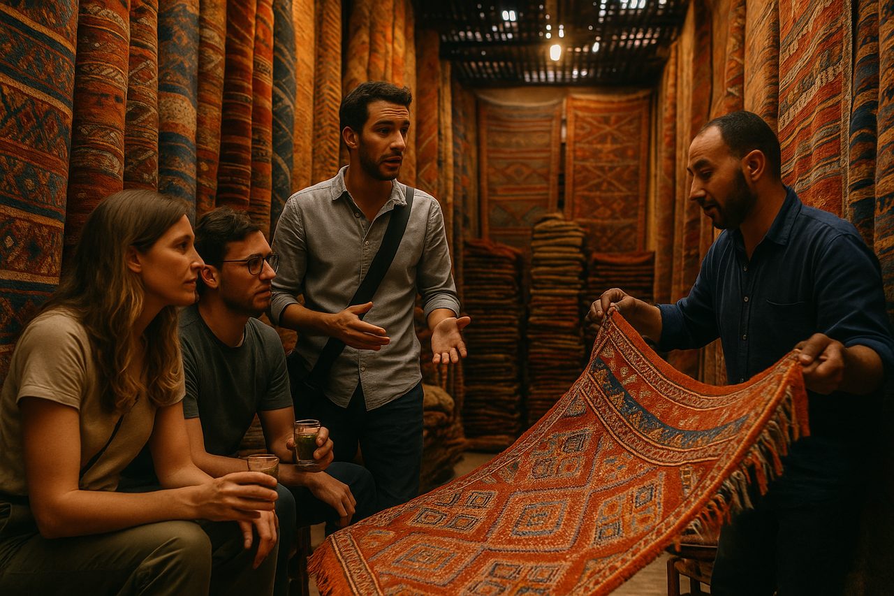 morocco private tours - licensed Marrakech guide translating between Moroccan carpet shopkeeper and traveler customers in a souk