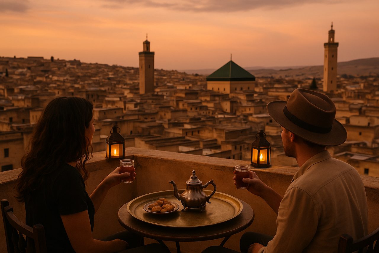 morocco private tours - two travelers at riad rooftop terrace with mint tea overlooking Fes medina at dusk