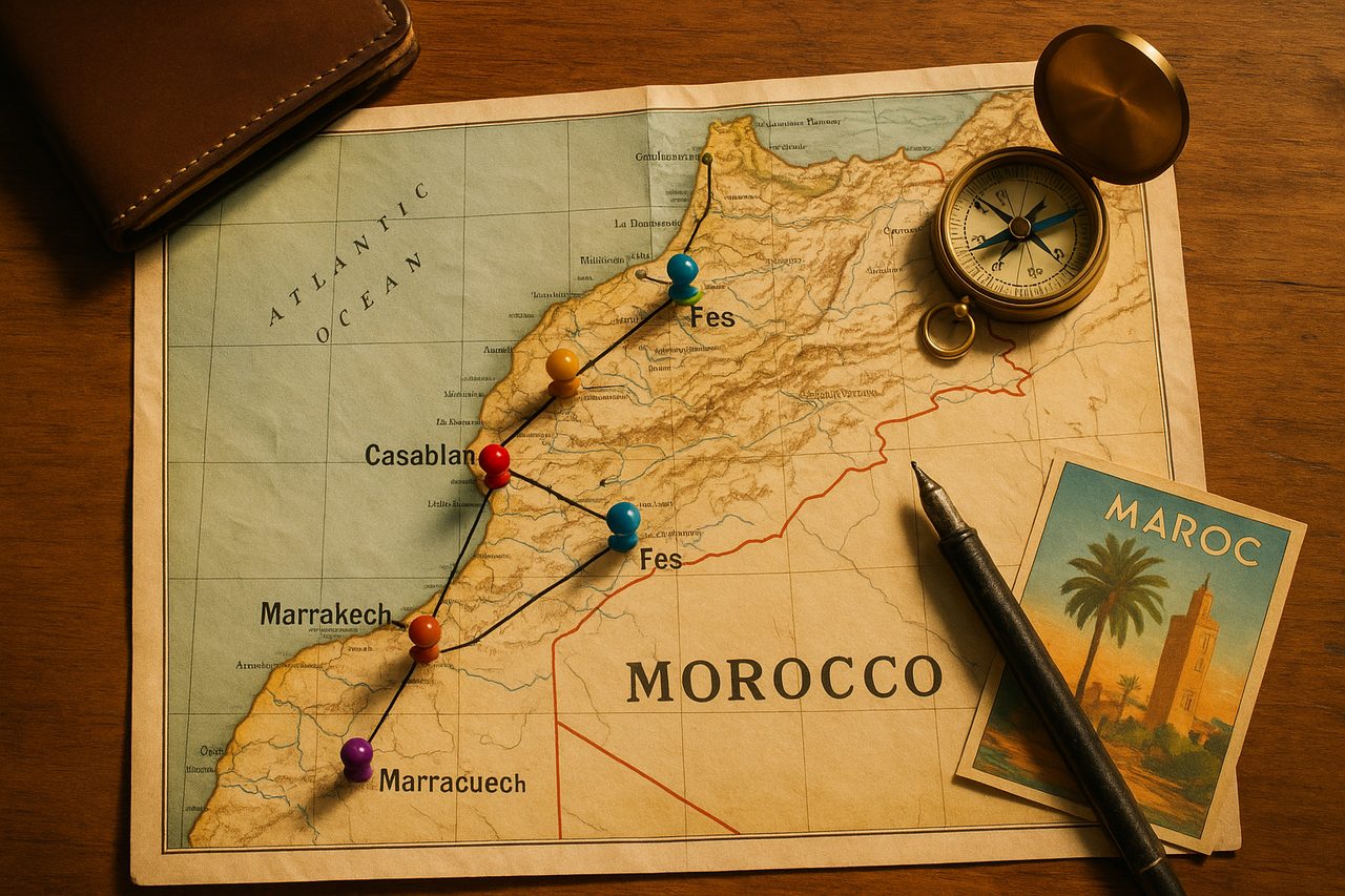 morocco private tours - vintage paper map of Morocco with hand-drawn route lines and colored pins for Casablanca, Marrakech, Fes, Chefchaouen, Merzouga, Essaouira